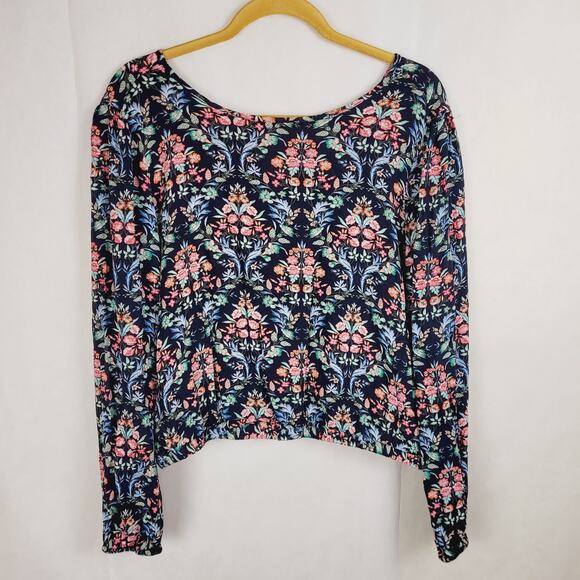 Loft black floral wrap back elasticized hem top Size large Boho Dark Romantic - Picture 3 of 11